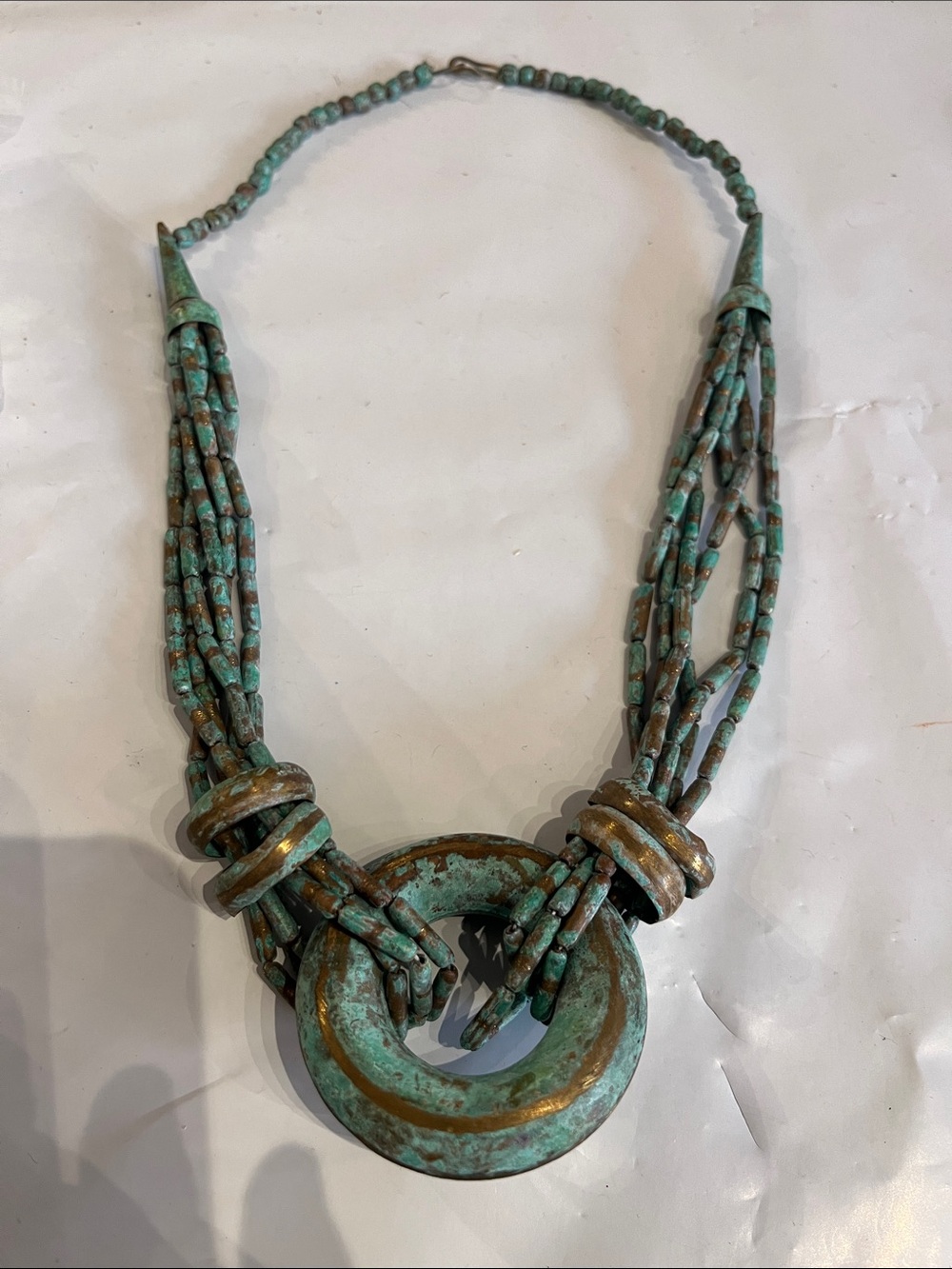 Patina Green Multi-Strand Statement Necklace with Circular Pendant lightweight